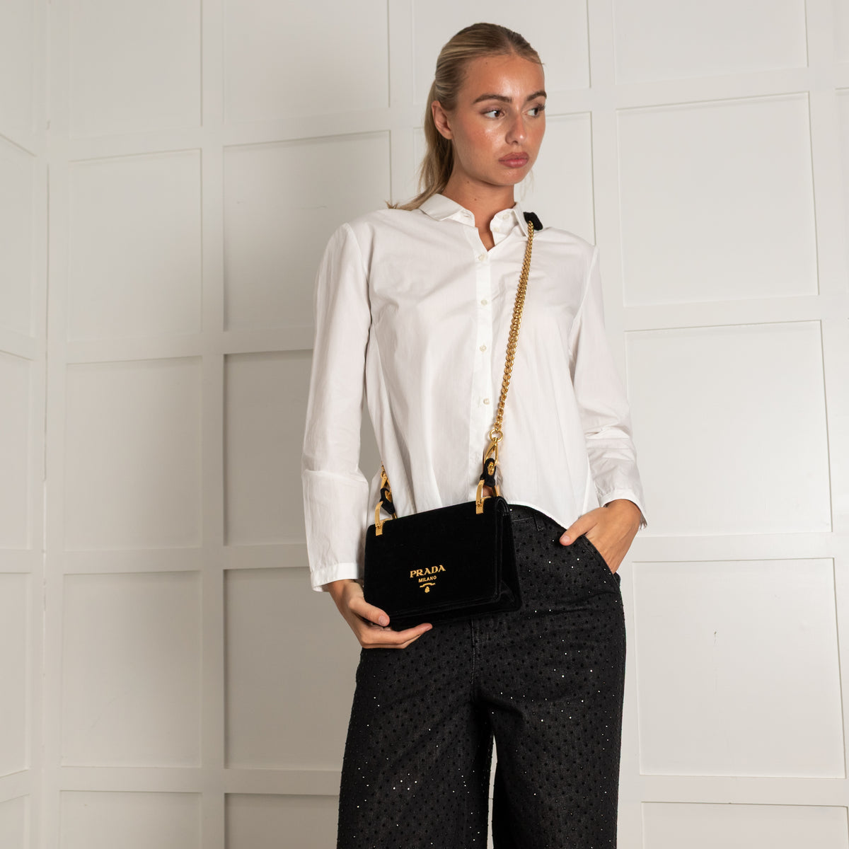 Prada Pattina Black Velvet Flap Bag With Gold Chain