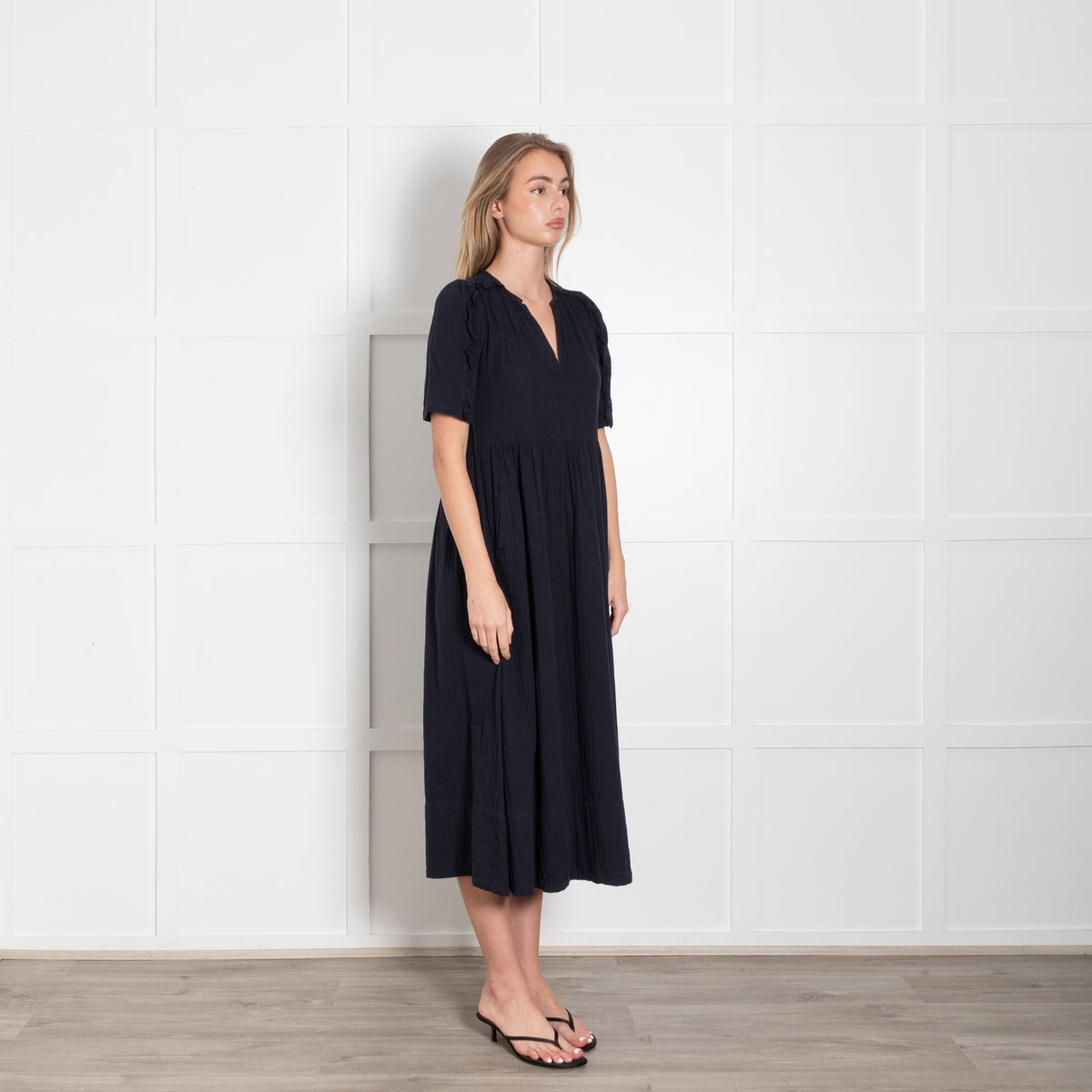 Me + Em Navy Blue Ruffled Short Sleeve & Side Pockets Dress