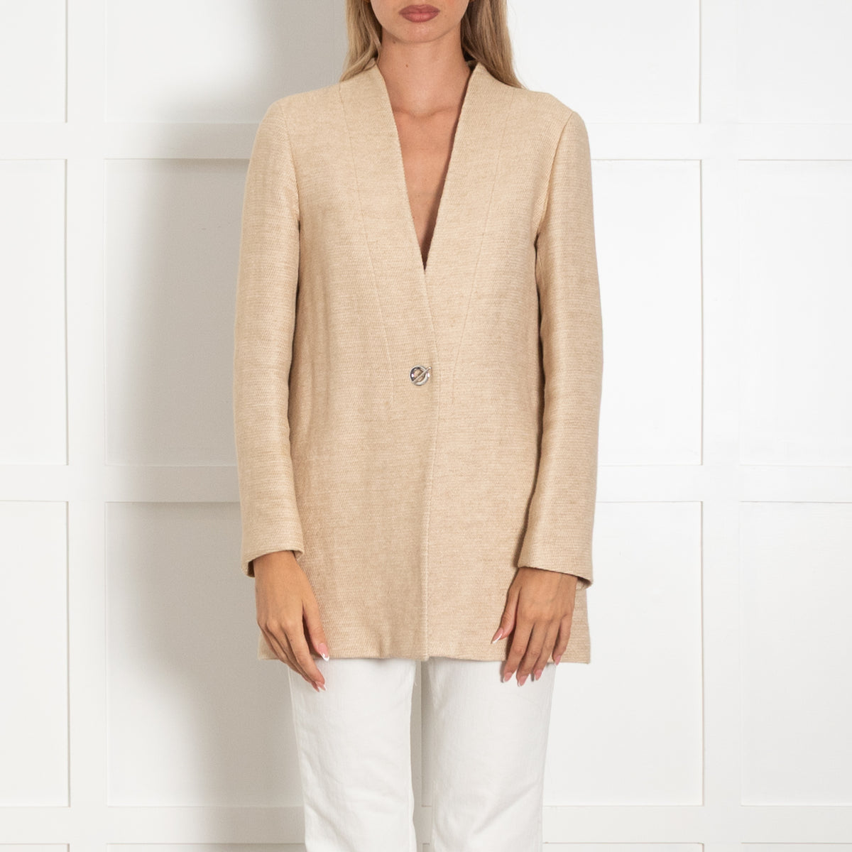Sandro Beige Long Line Linen Mix Jacket