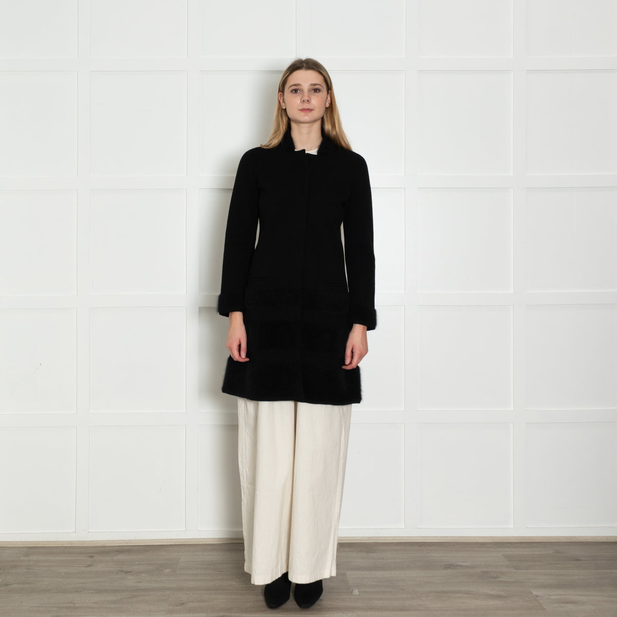 D Exterior Black Knit Angora Blend Coat