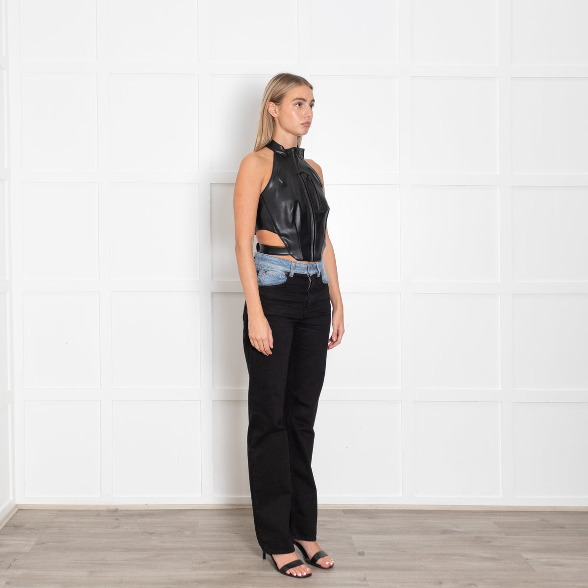 KHY Black Faux Leather Biker Style Halter Top