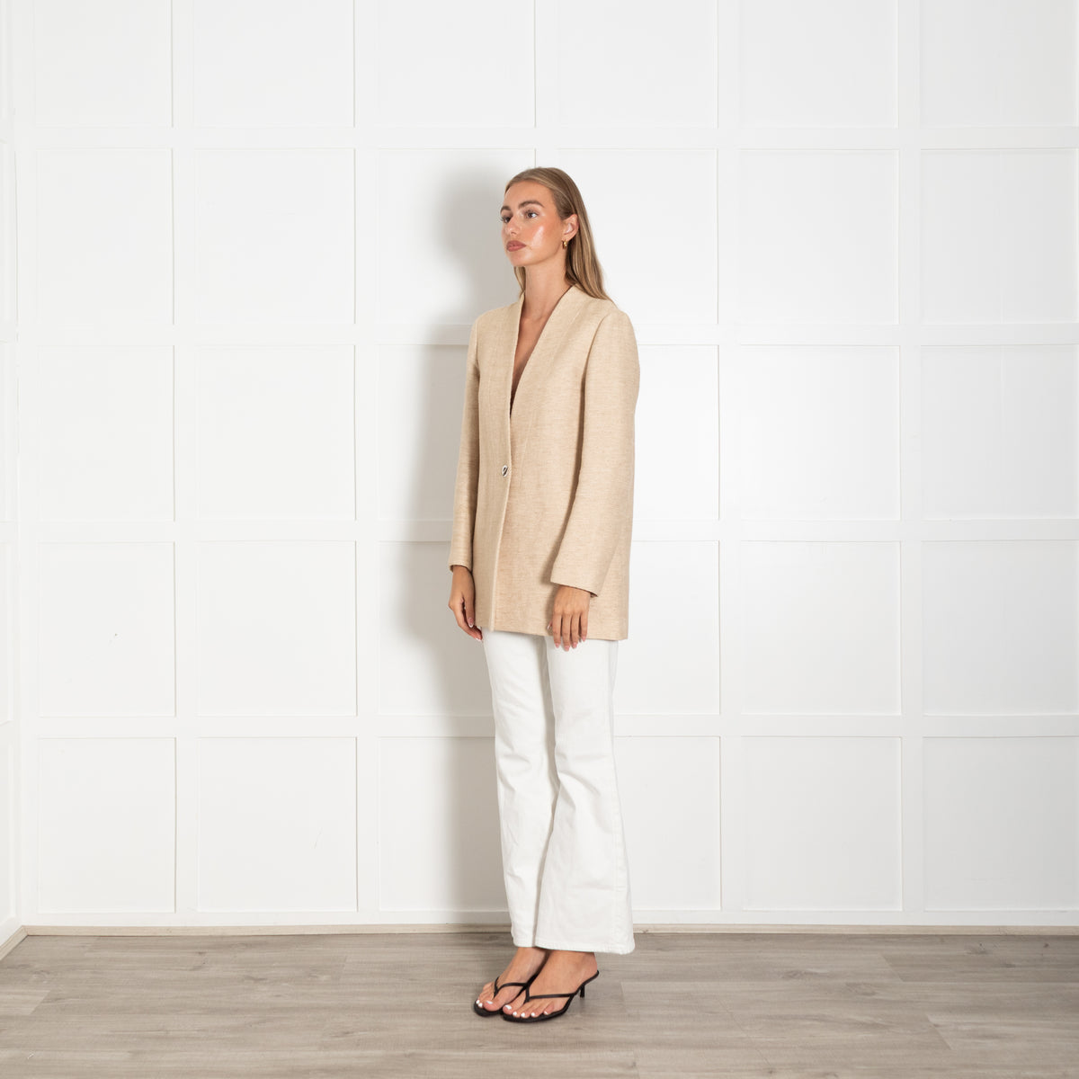 Sandro Beige Long Line Linen Mix Jacket