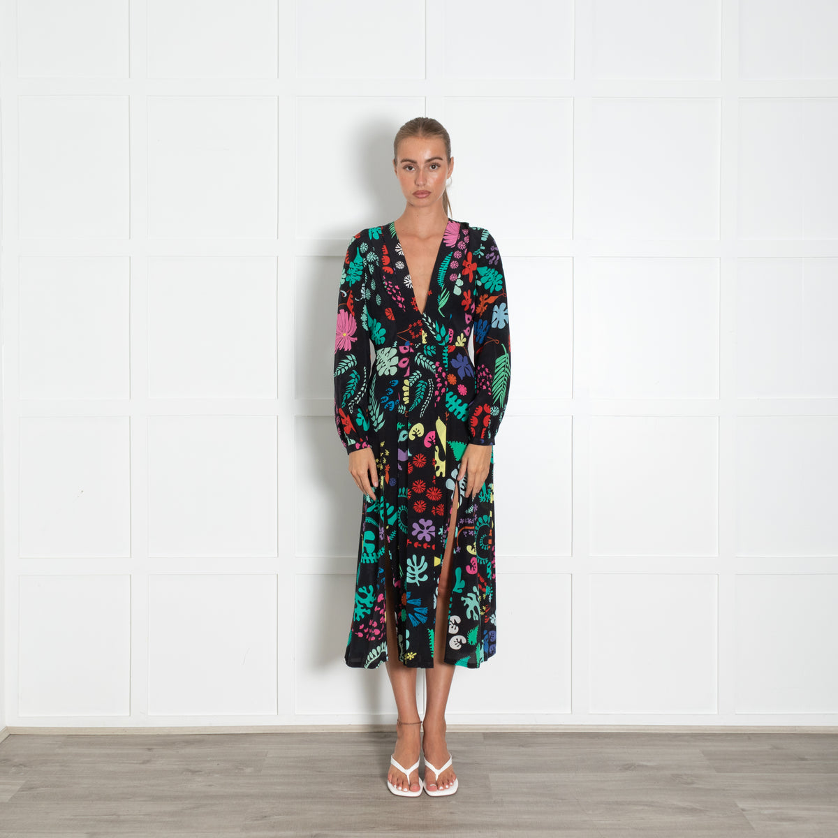 Rixo Black Green Leaf Print Long Sleeve Midi Dress