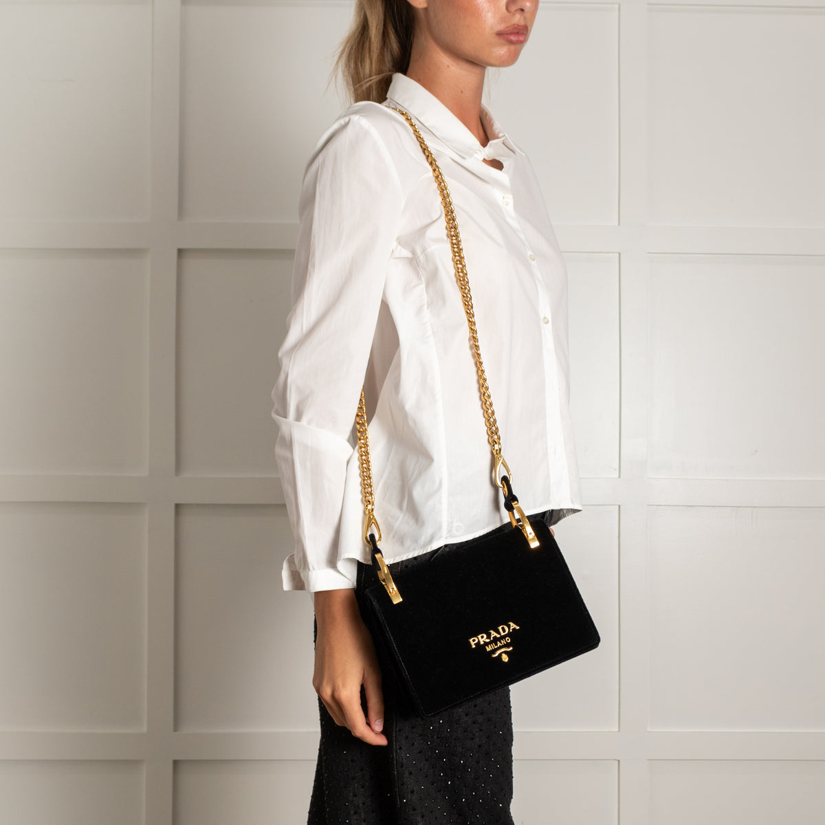 Prada Pattina Black Velvet Flap Bag With Gold Chain