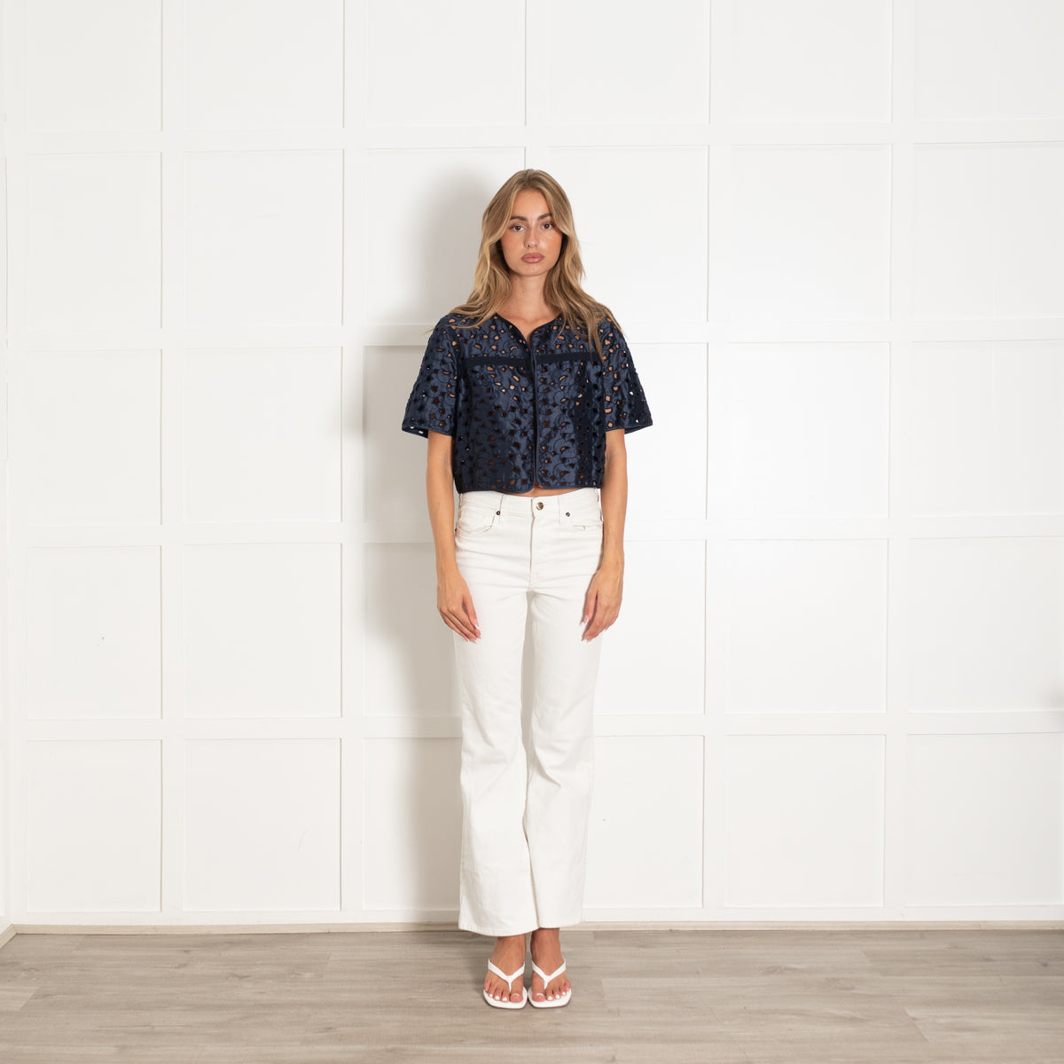 Max Mara Navy Laser Cut Out Detail Silk Top