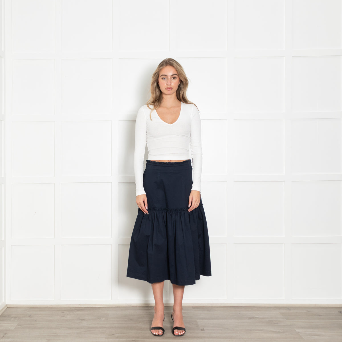 Wyse Navy Frill Detail Cotton Midi Skirt