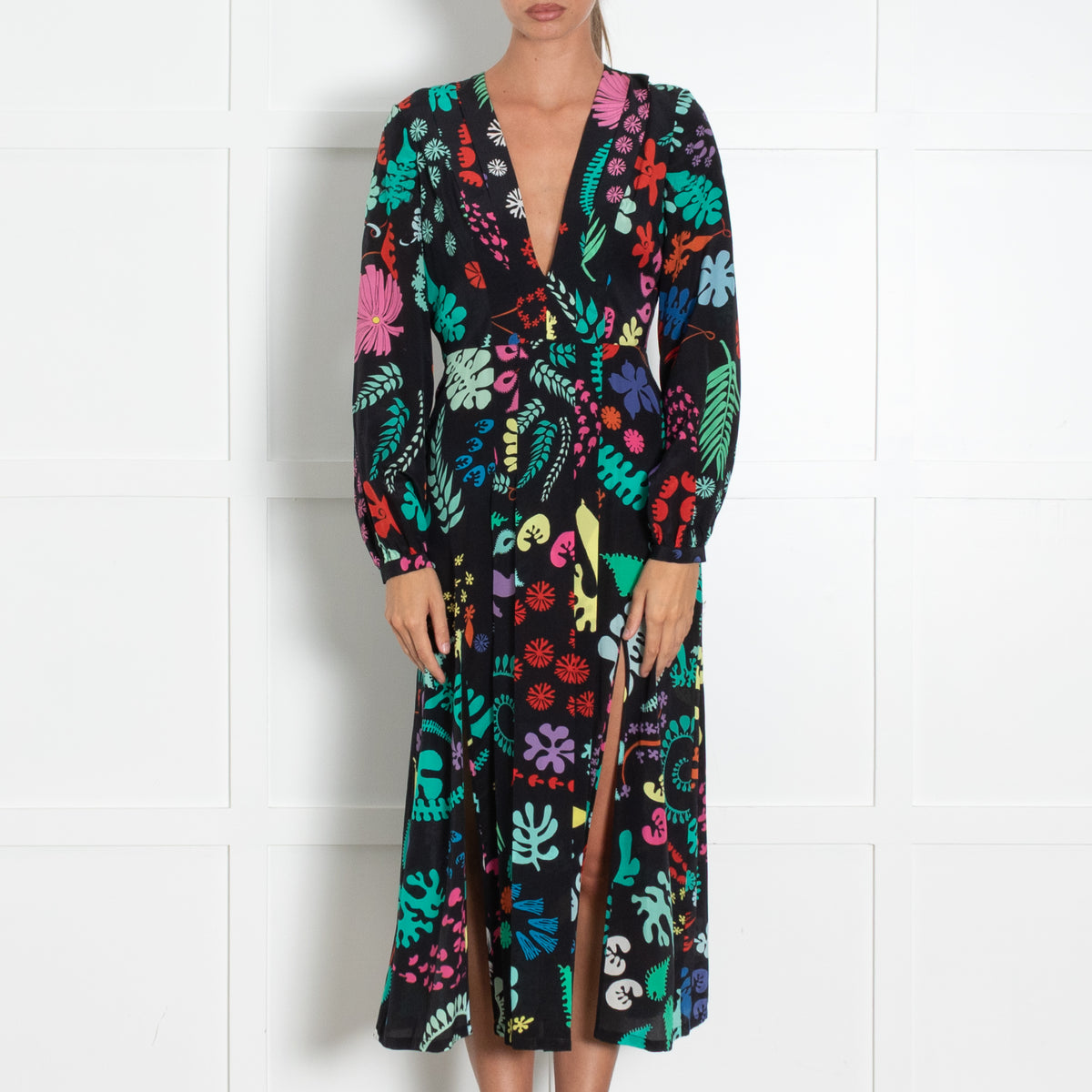 Rixo Black Green Leaf Print Long Sleeve Midi Dress