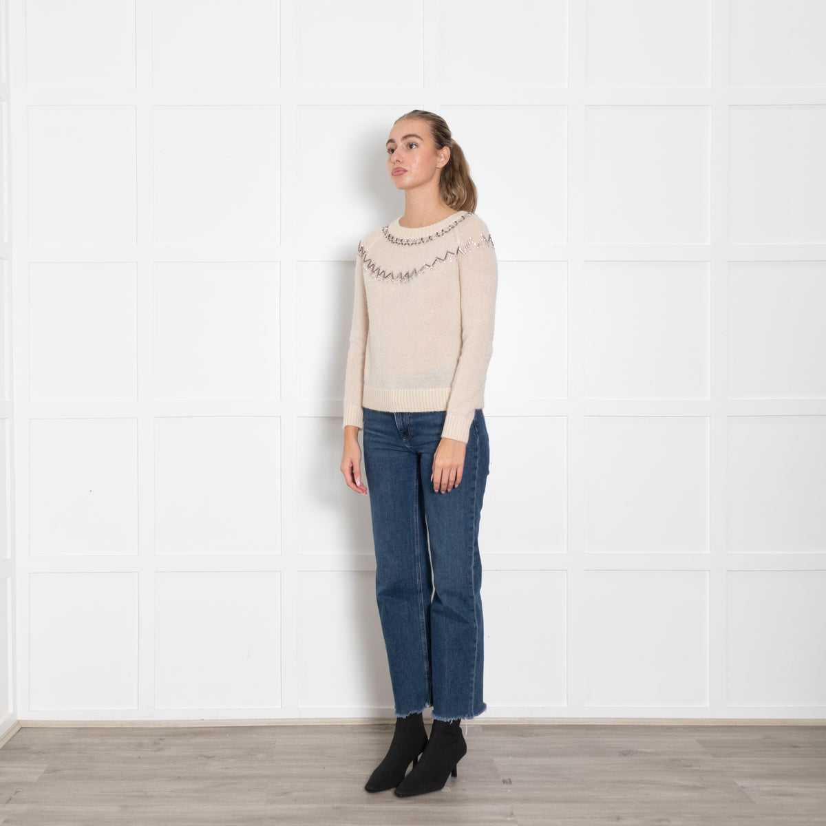 Marie Sixtine Cream Mohair Sweater With Silver And Diamante Yoke