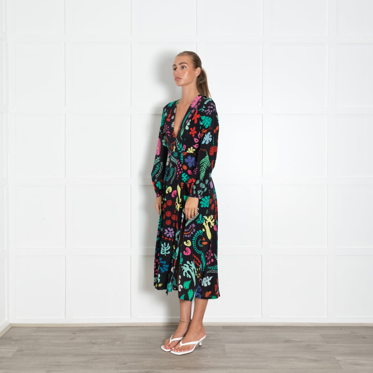 Rixo Black Green Leaf Print Long Sleeve Midi Dress