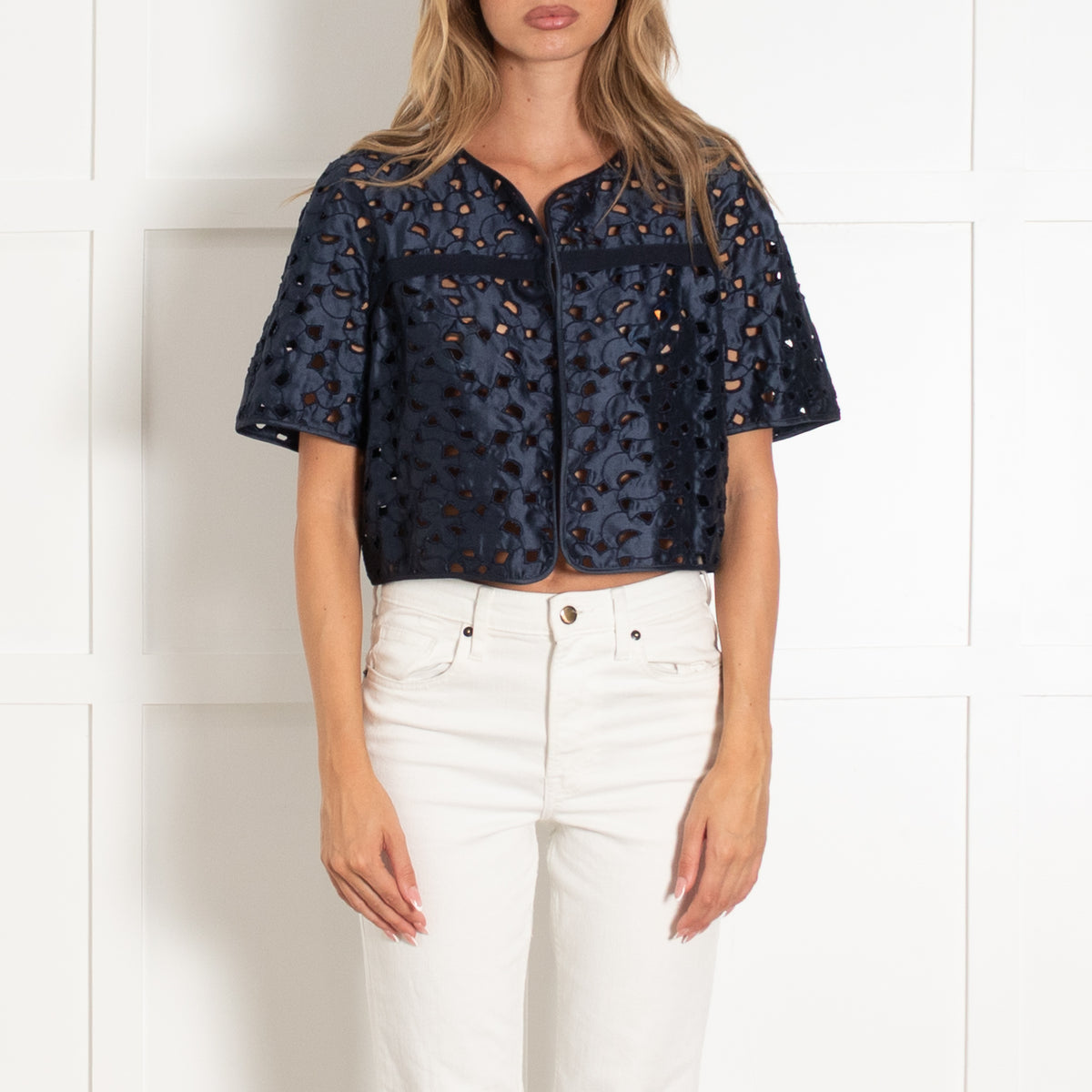 Max Mara Navy Laser Cut Out Detail Silk Top