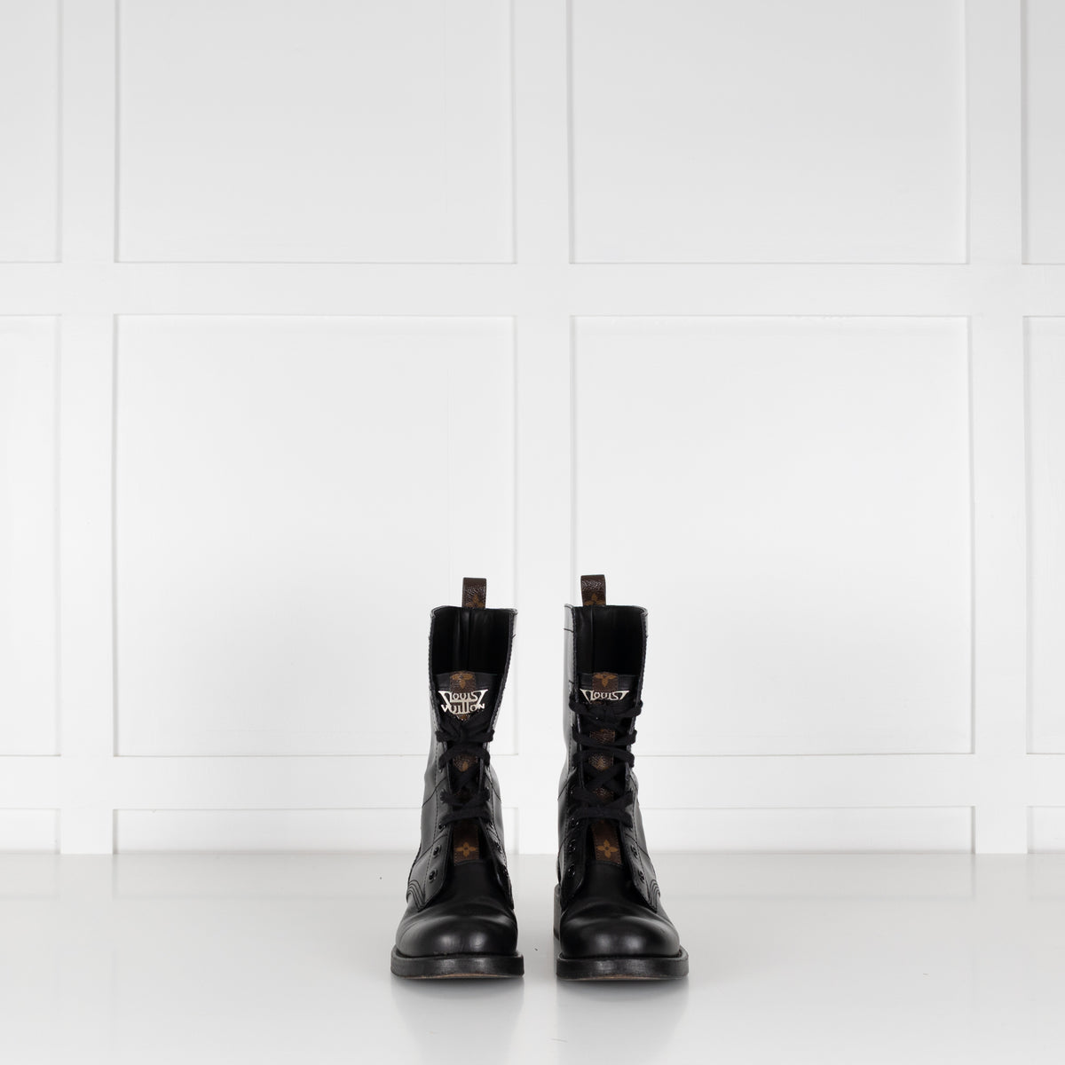 Louis Vuitton Black Leather Lace Up Monogram Detail Boots