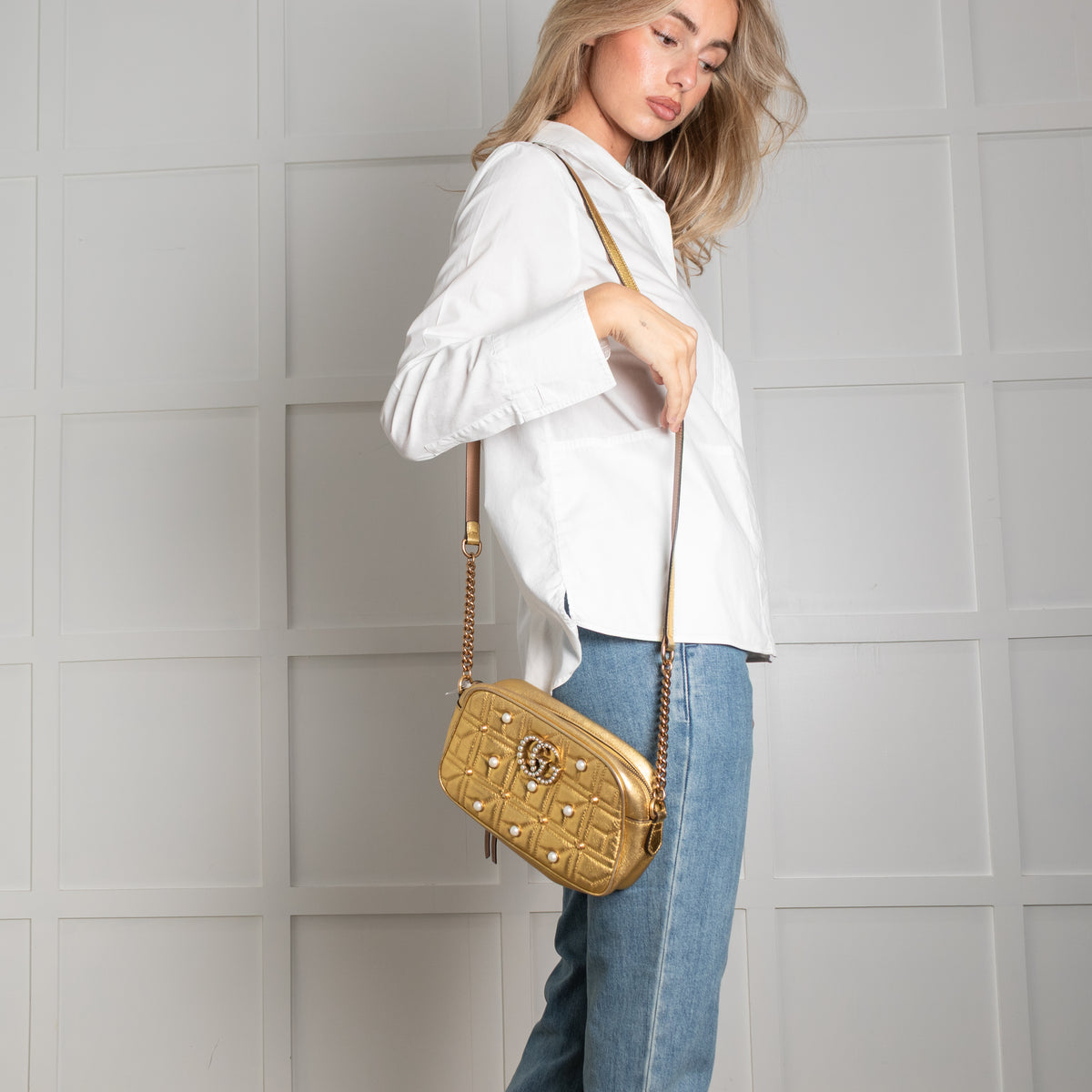 Gucci GG Marmont Gold Leather Pearl Crossbody Bag