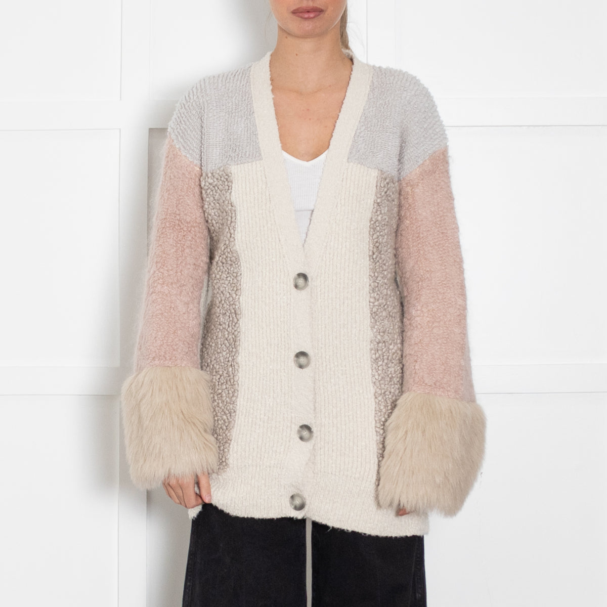 Stella McCartney Grey Pink Cream Textured Long Cardigan With Faux Fur Cuff
