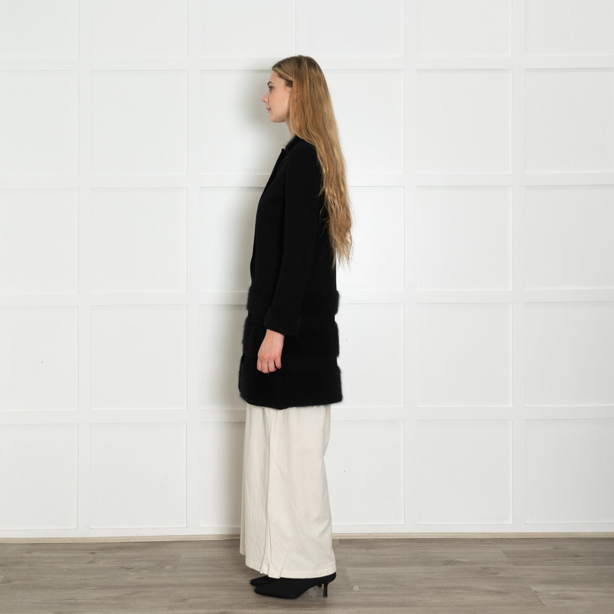 D Exterior Black Knit Angora Blend Coat