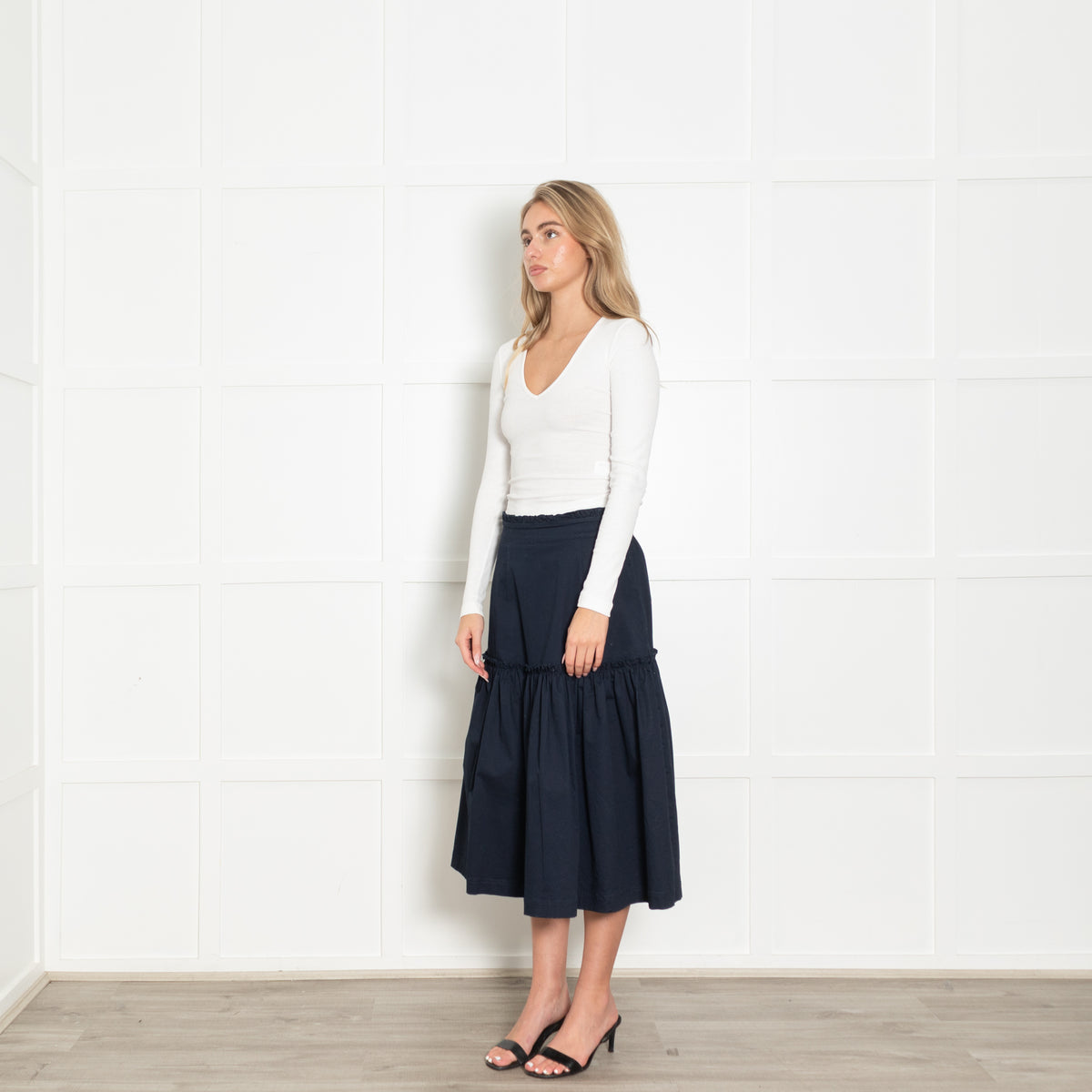 Wyse Navy Frill Detail Cotton Midi Skirt