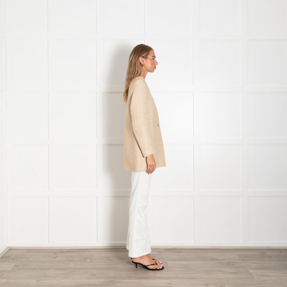 Sandro Beige Long Line Linen Mix Jacket
