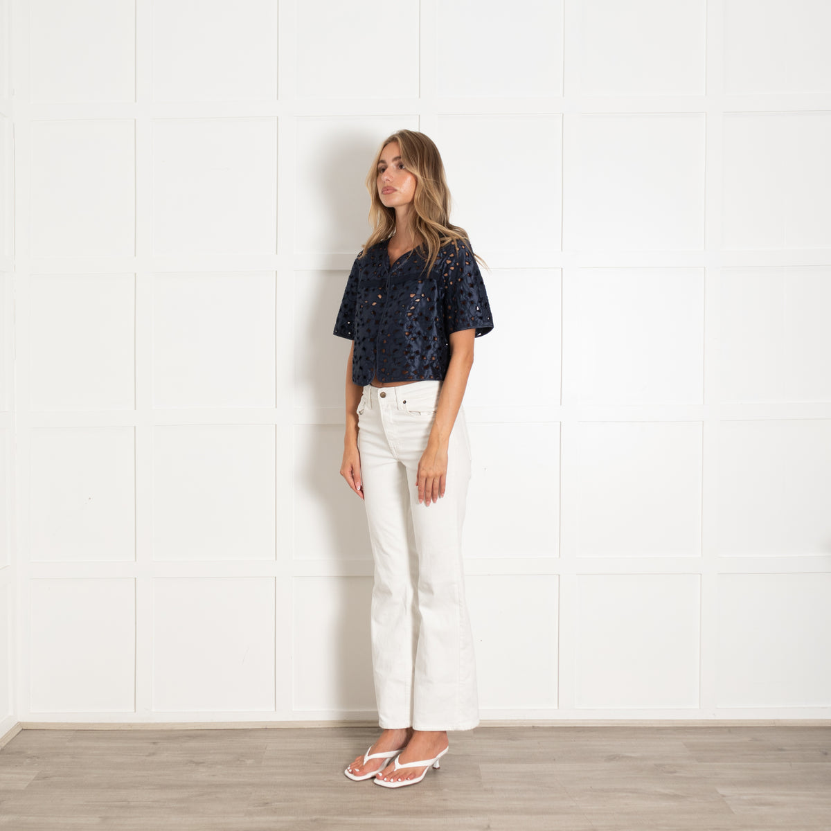 Max Mara Navy Laser Cut Out Detail Silk Top
