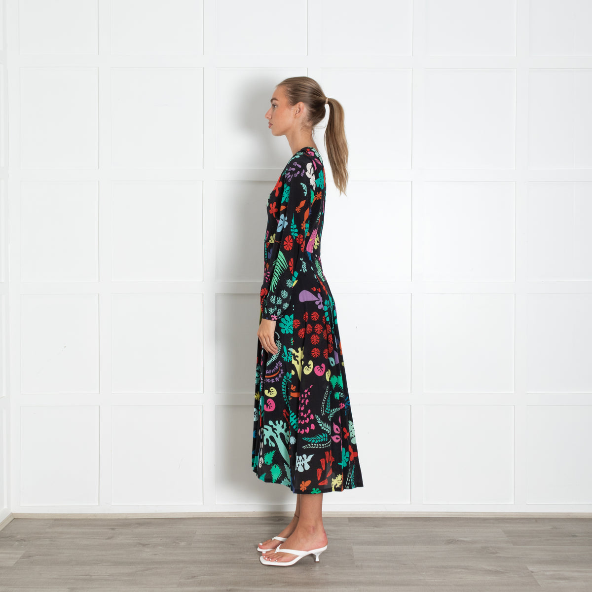Rixo Black Green Leaf Print Long Sleeve Midi Dress