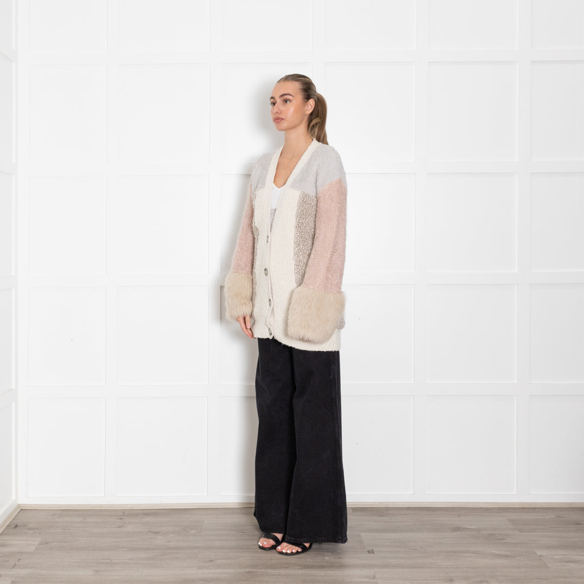 Stella McCartney Grey Pink Cream Textured Long Cardigan With Faux Fur Cuff