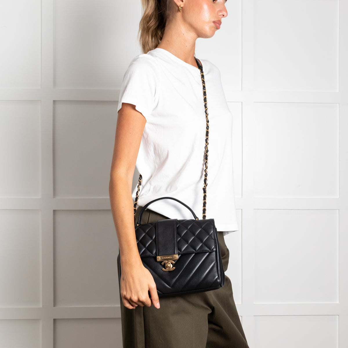 Chanel Black Lambskin Leather Top Handle Flap Bag