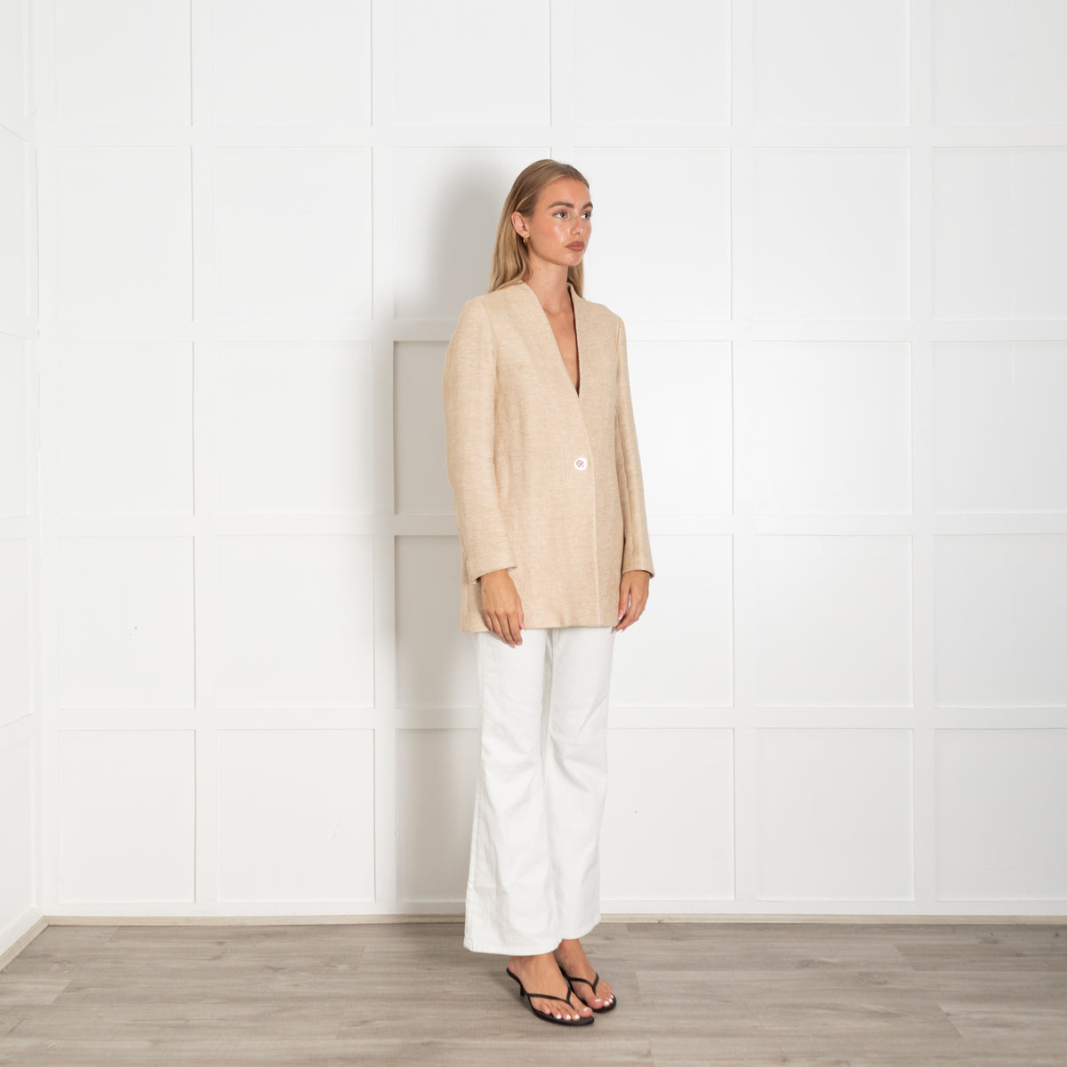 Sandro Beige Long Line Linen Mix Jacket
