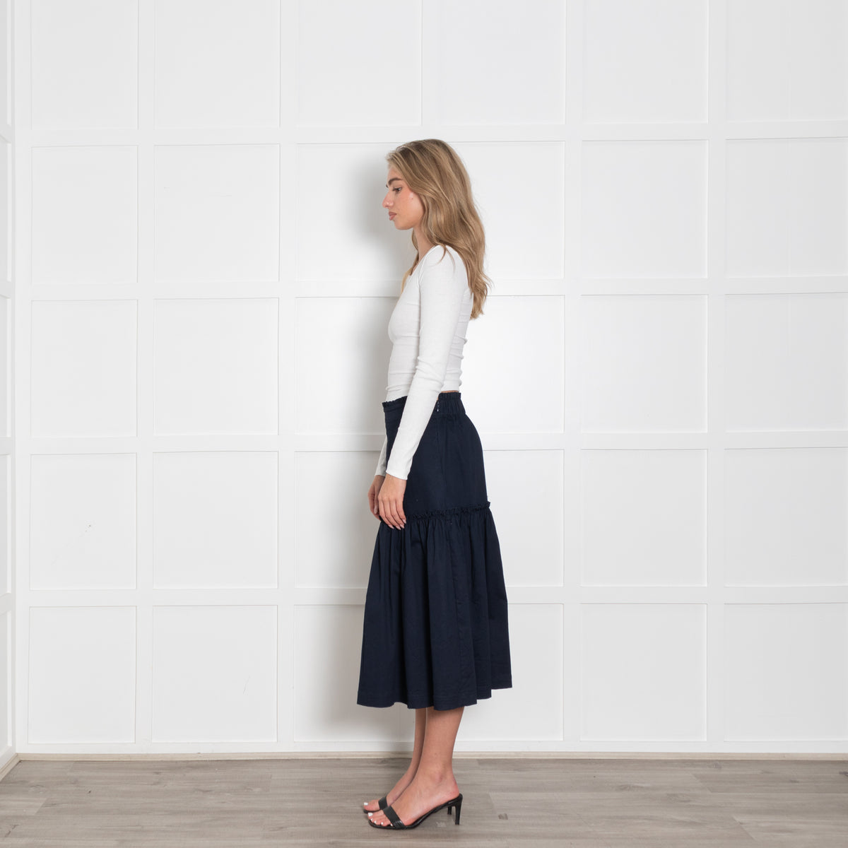 Wyse Navy Frill Detail Cotton Midi Skirt
