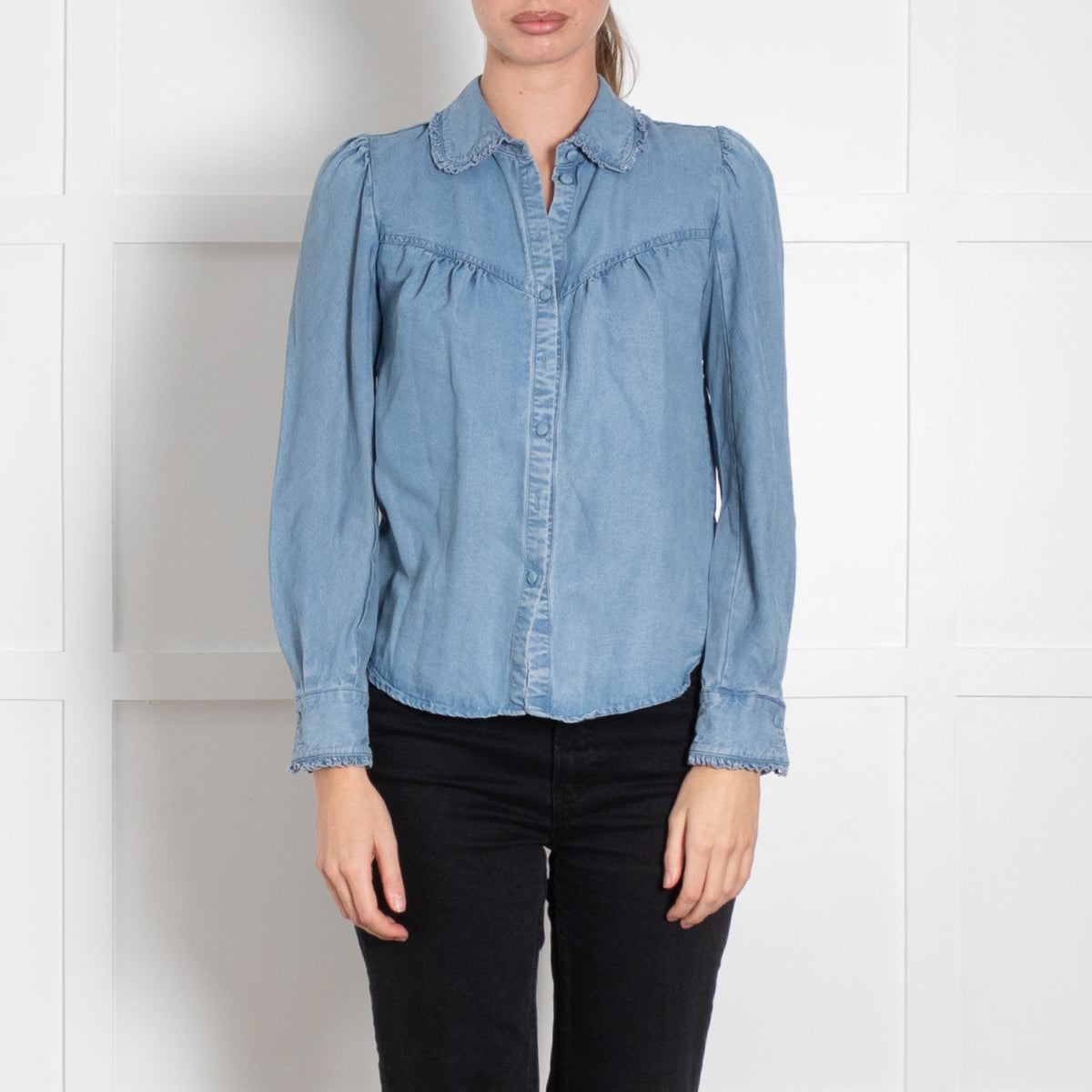Wyse Blue Denim Frill Trim Long Sleeve Blouse
