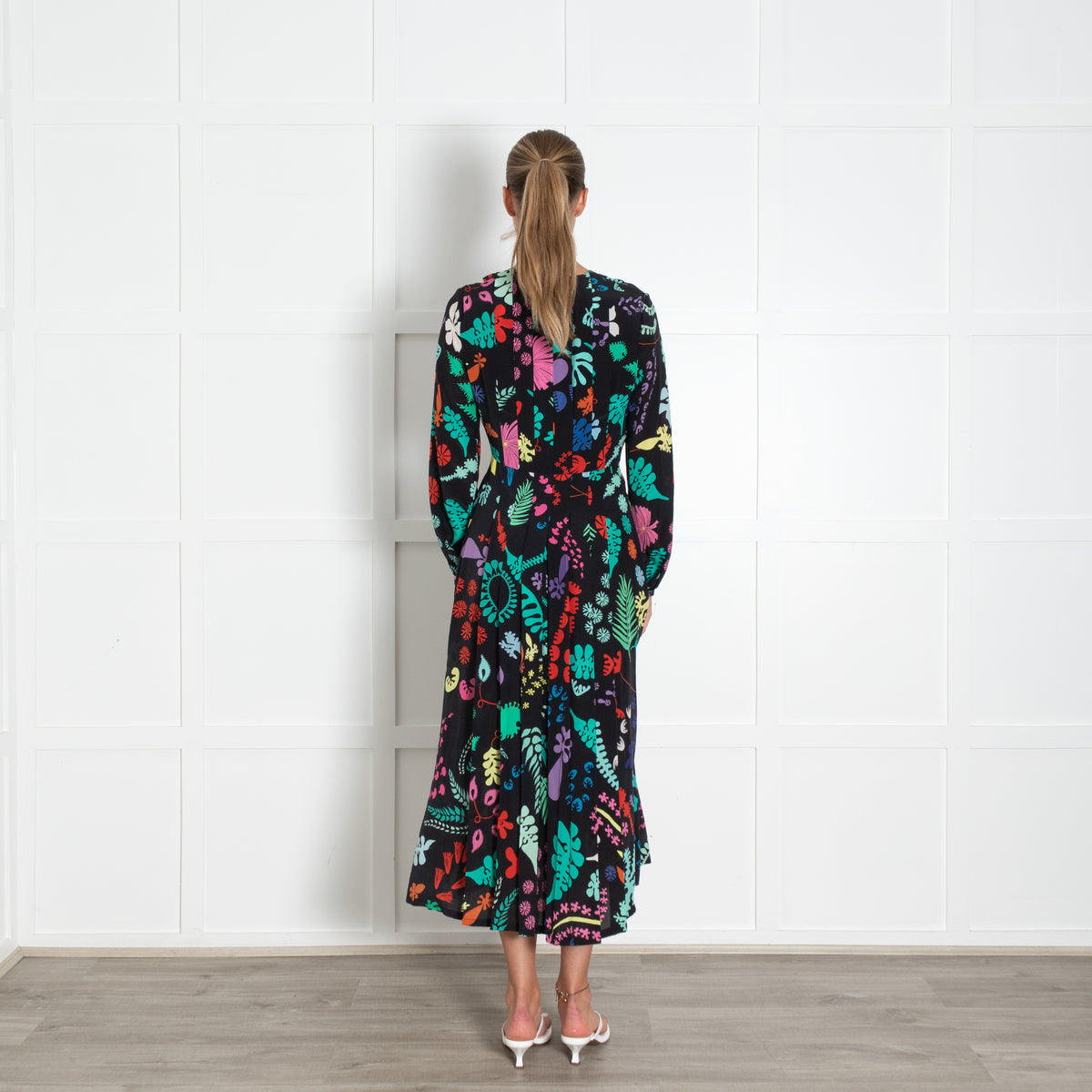Rixo Black Green Leaf Print Long Sleeve Midi Dress