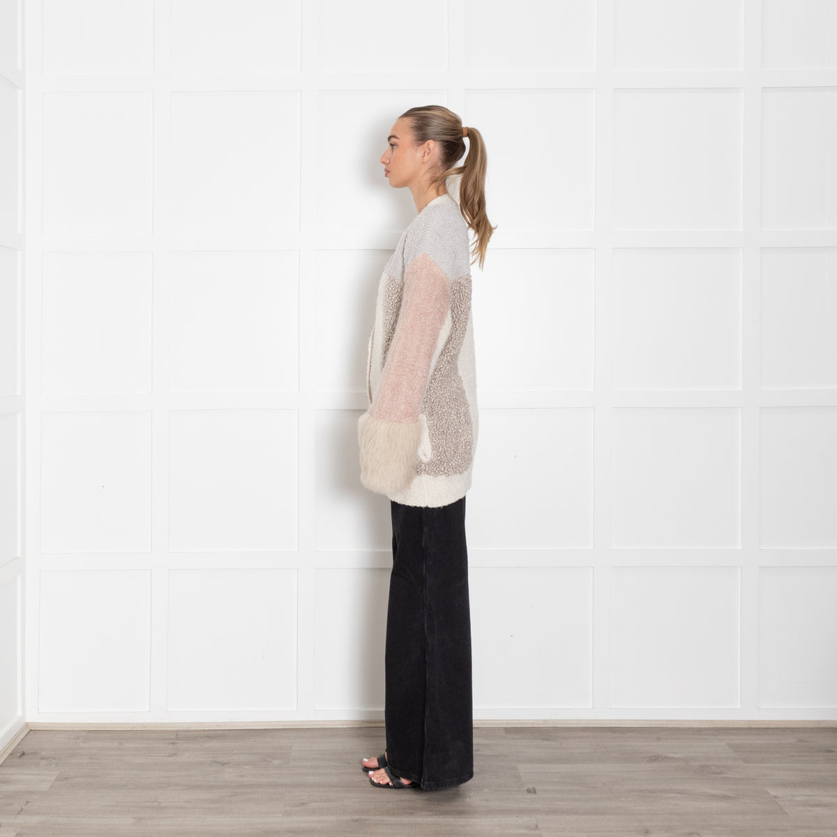 Stella McCartney Grey Pink Cream Textured Long Cardigan With Faux Fur Cuff