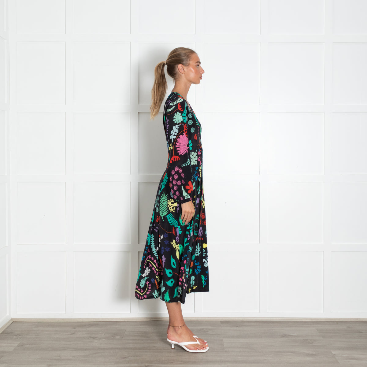 Rixo Black Green Leaf Print Long Sleeve Midi Dress