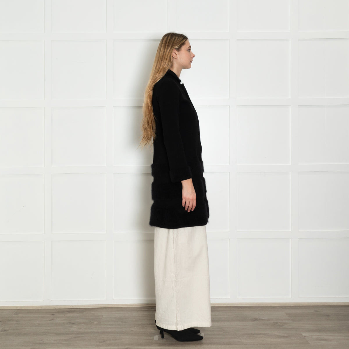 D Exterior Black Knit Angora Blend Coat