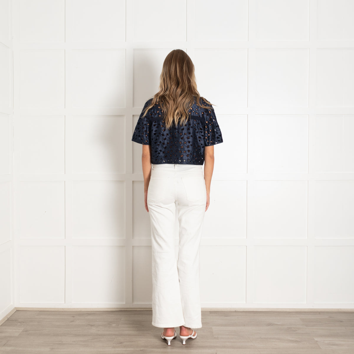 Max Mara Navy Laser Cut Out Detail Silk Top