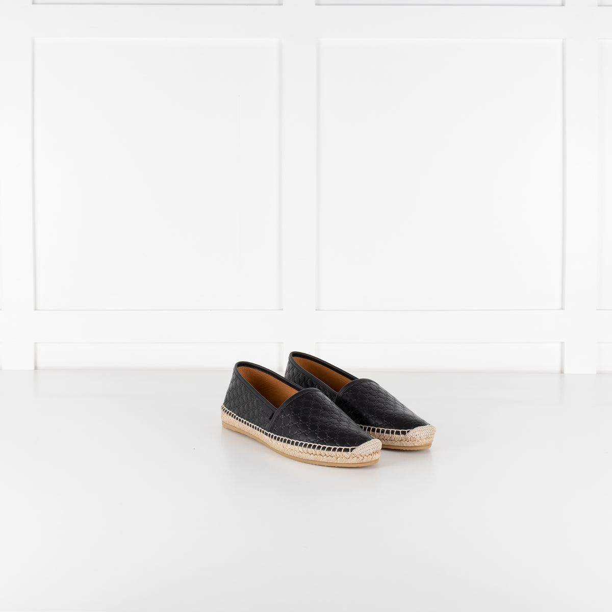Gucci Black Leather Logo Embossed Espadrilles