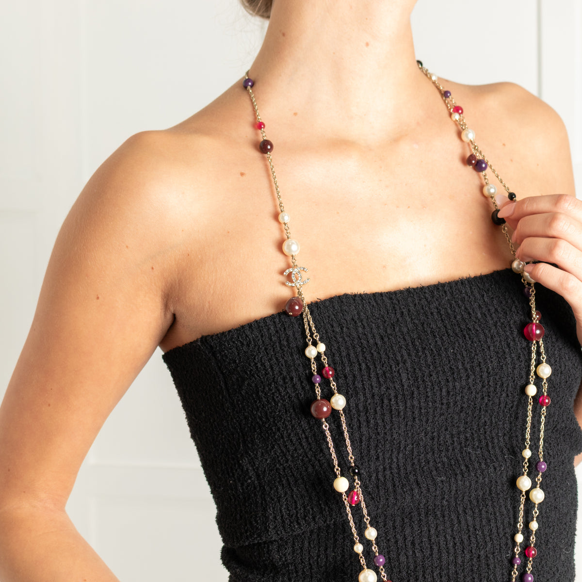 Chanel Red Cream bead Diamante CC Double Strand Long Necklace