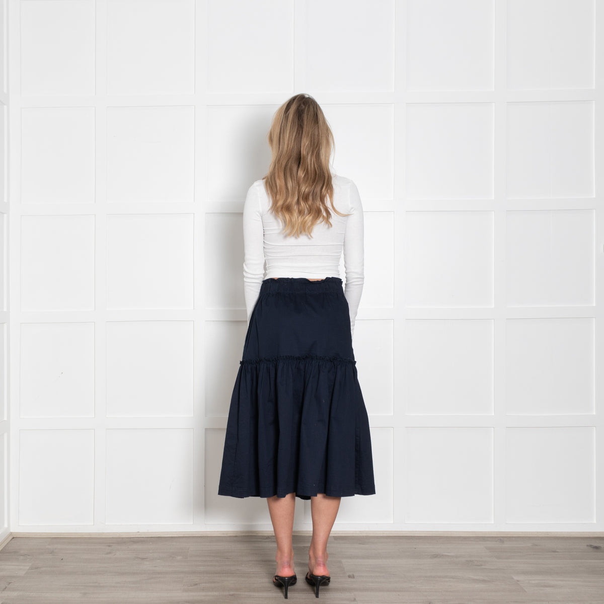 Wyse Navy Frill Detail Cotton Midi Skirt