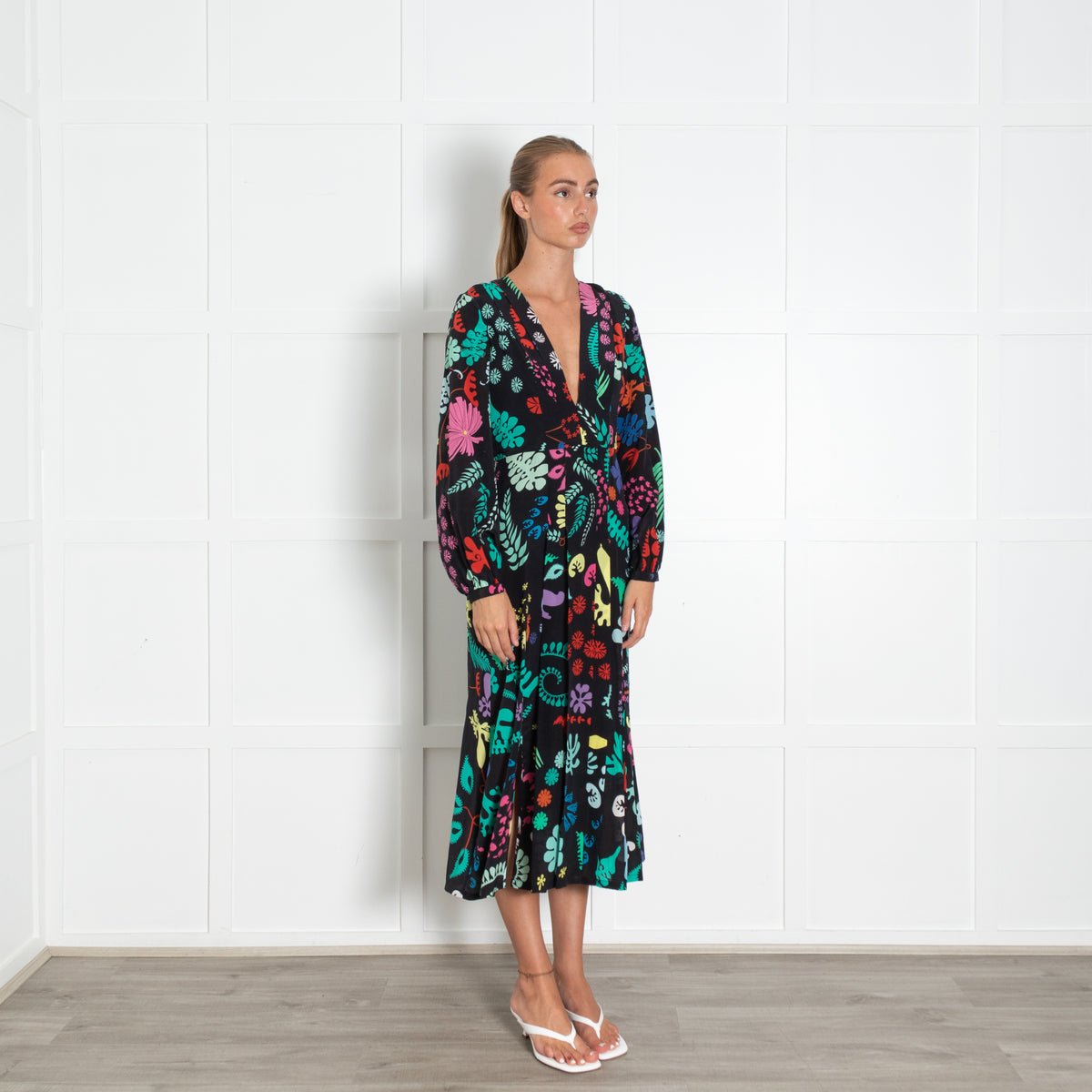 Rixo Black Green Leaf Print Long Sleeve Midi Dress