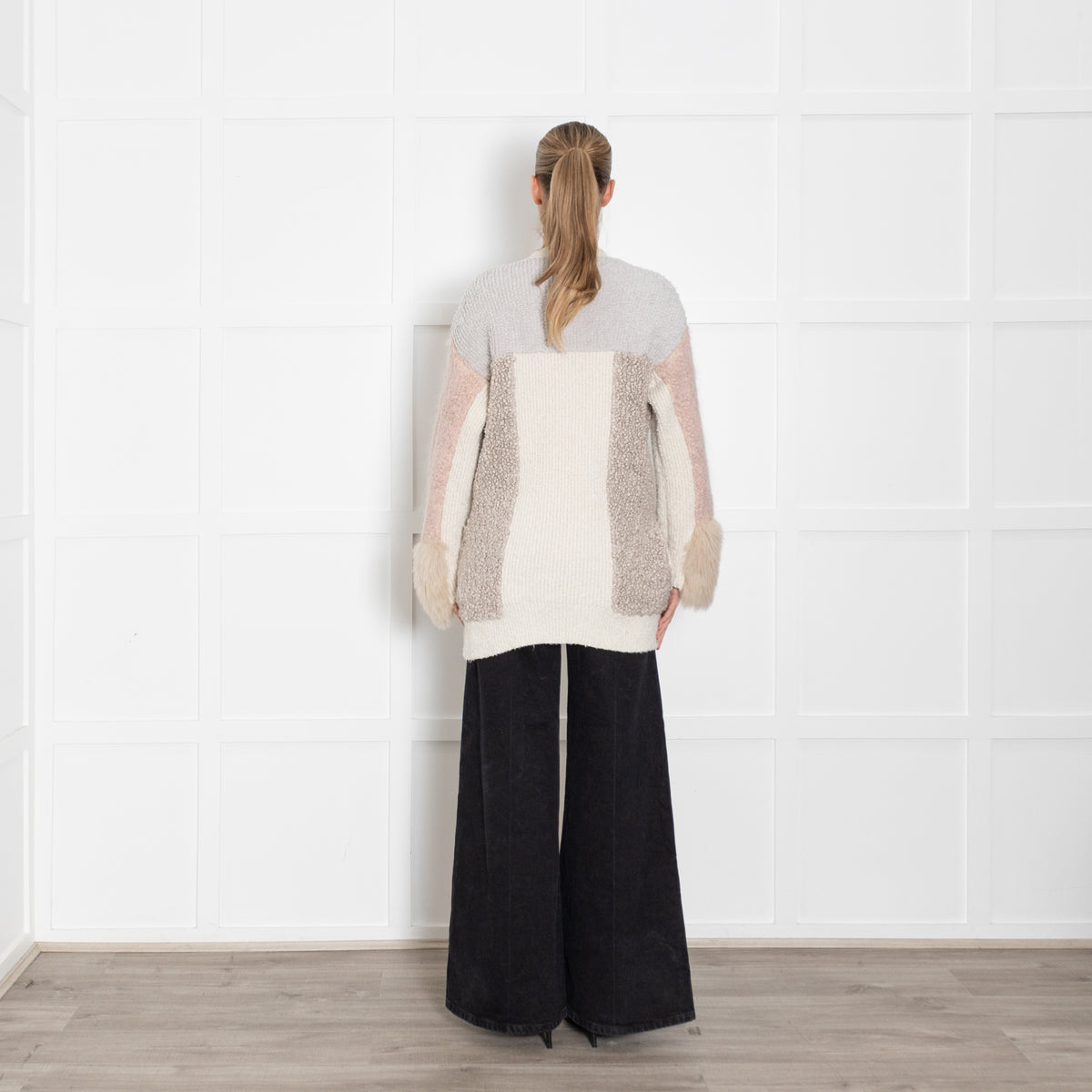 Stella McCartney Grey Pink Cream Textured Long Cardigan With Faux Fur Cuff
