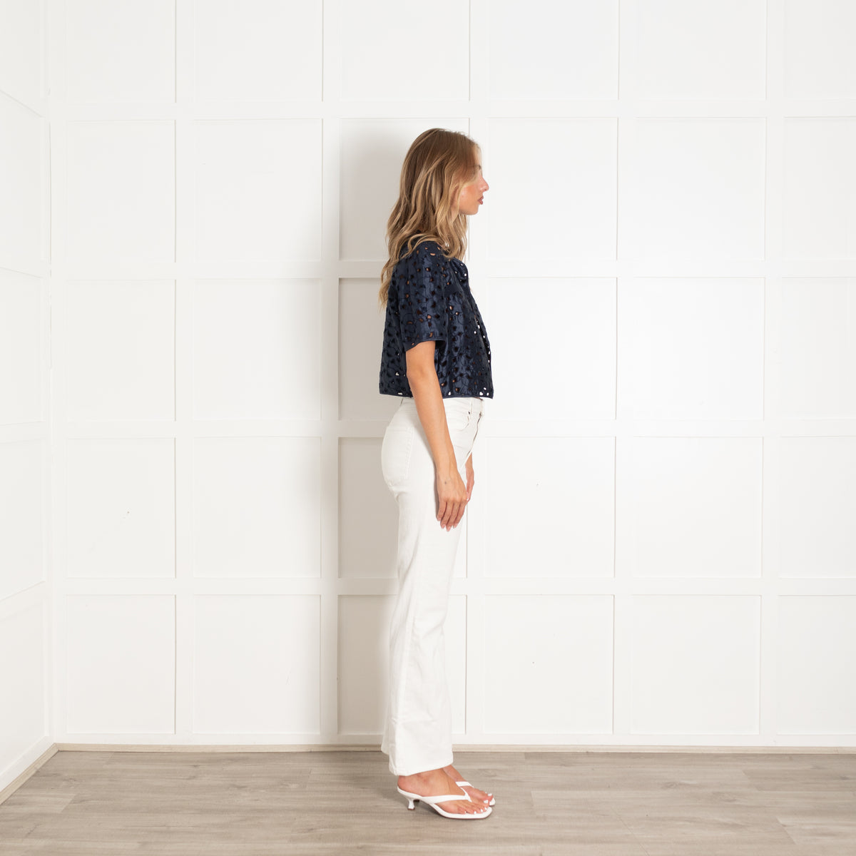 Max Mara Navy Laser Cut Out Detail Silk Top