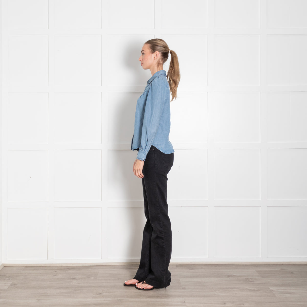 Wyse Blue Denim Frill Trim Long Sleeve Blouse