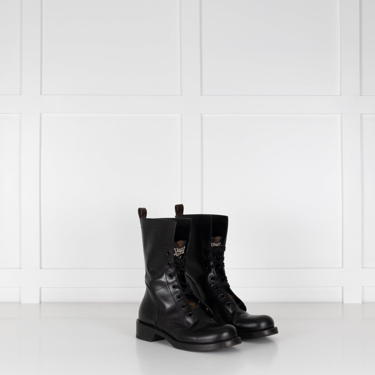 Louis Vuitton Black Leather Lace Up Monogram Detail Boots
