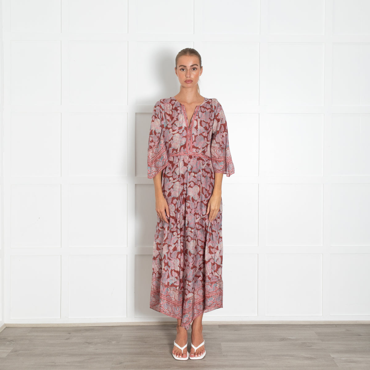 Bash Rust Pink Blue Side Slits Silk Maxi Dress