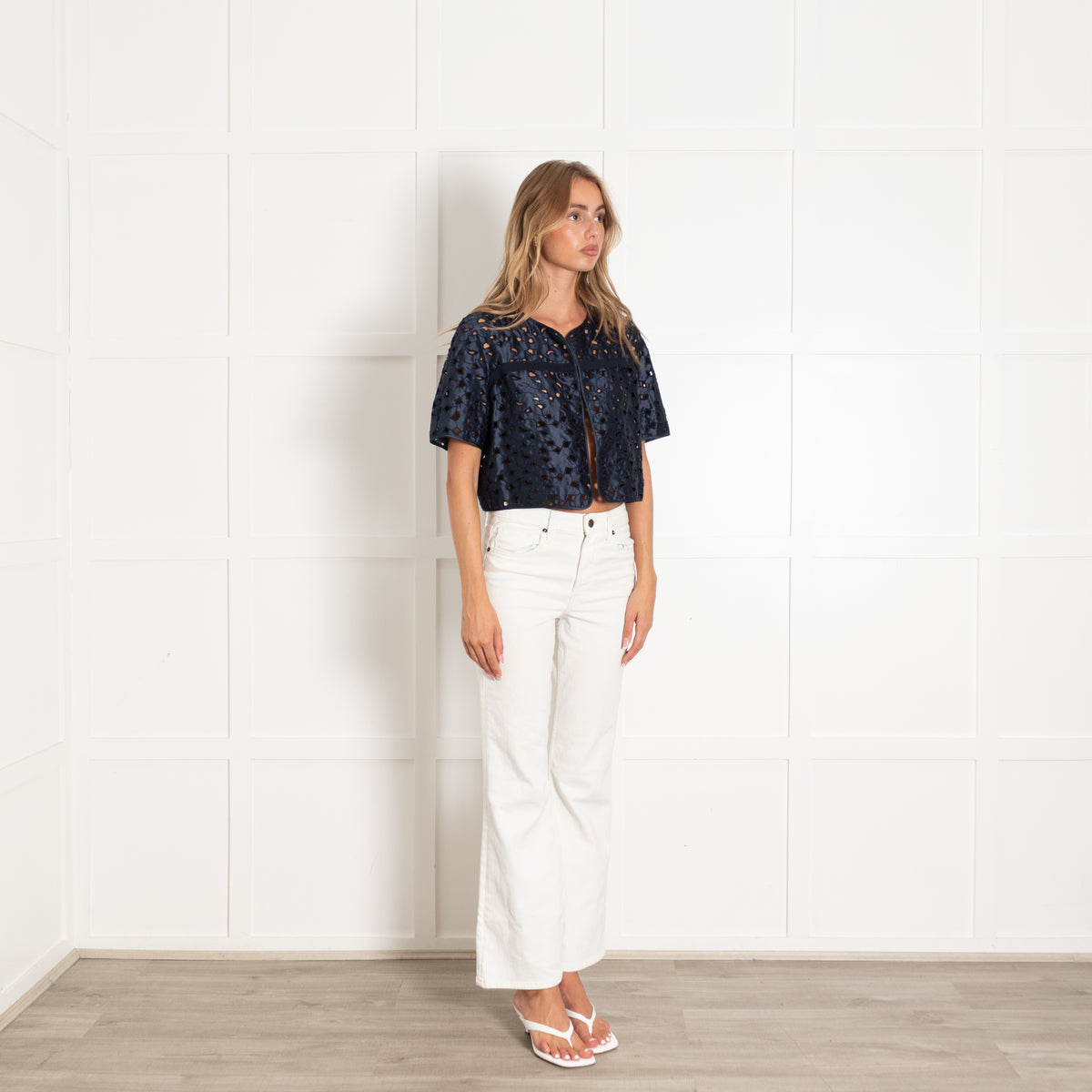 Max Mara Navy Laser Cut Out Detail Silk Top