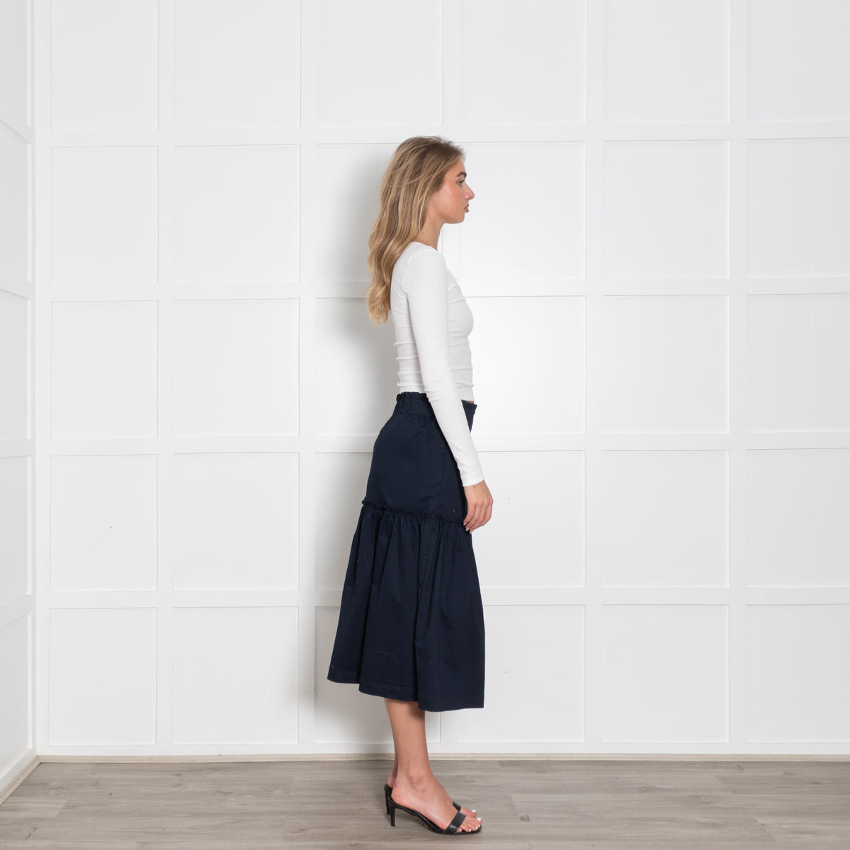 Wyse Navy Frill Detail Cotton Midi Skirt