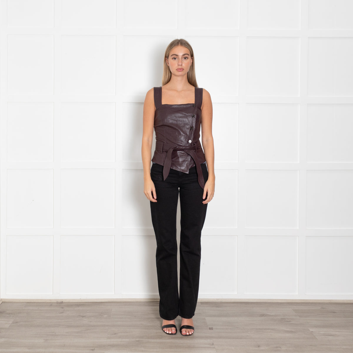 Nanushka Burgundy Faux Leather Button Detail Short Top