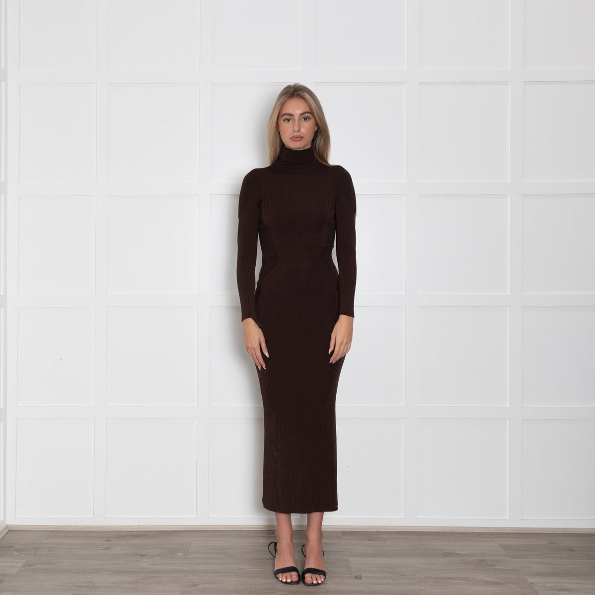 Mugler Brown Knit Rollneck Long Dress