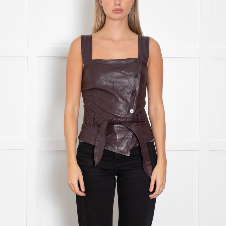 Nanushka Burgundy Faux Leather Button Detail Short Top
