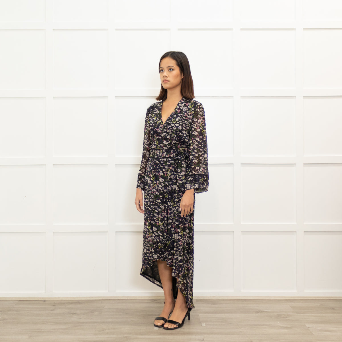 Ganni Blue Wrap Dress With Small Floral Print Phoenix Style Ganni Blue Wrap Dress With Small Floral Print Phoenix Style