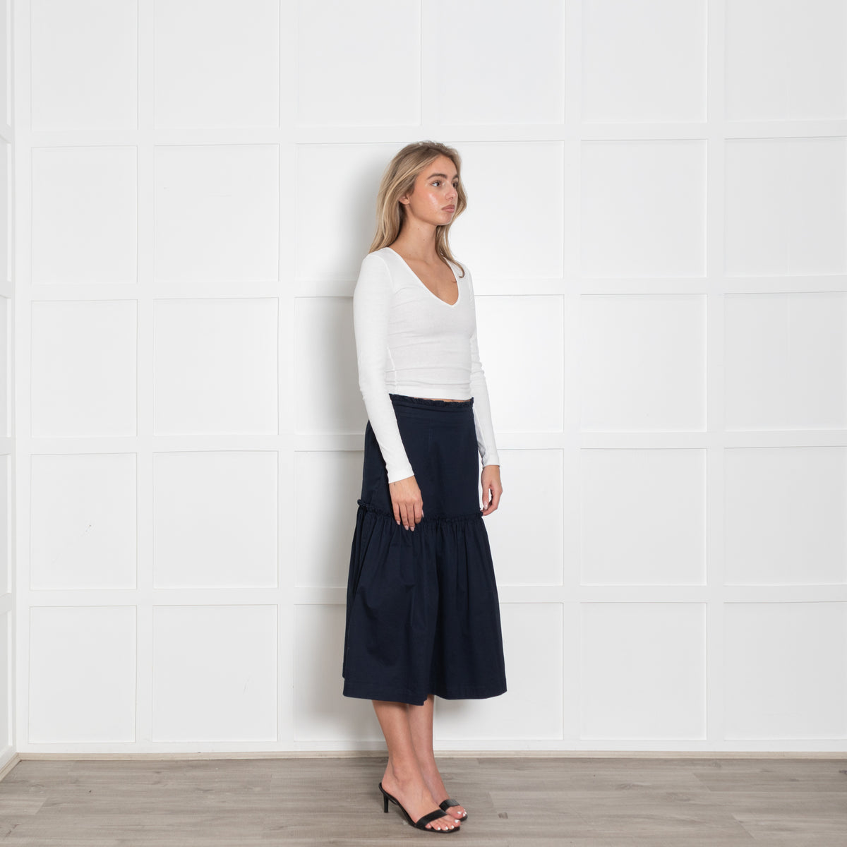 Wyse Navy Frill Detail Cotton Midi Skirt