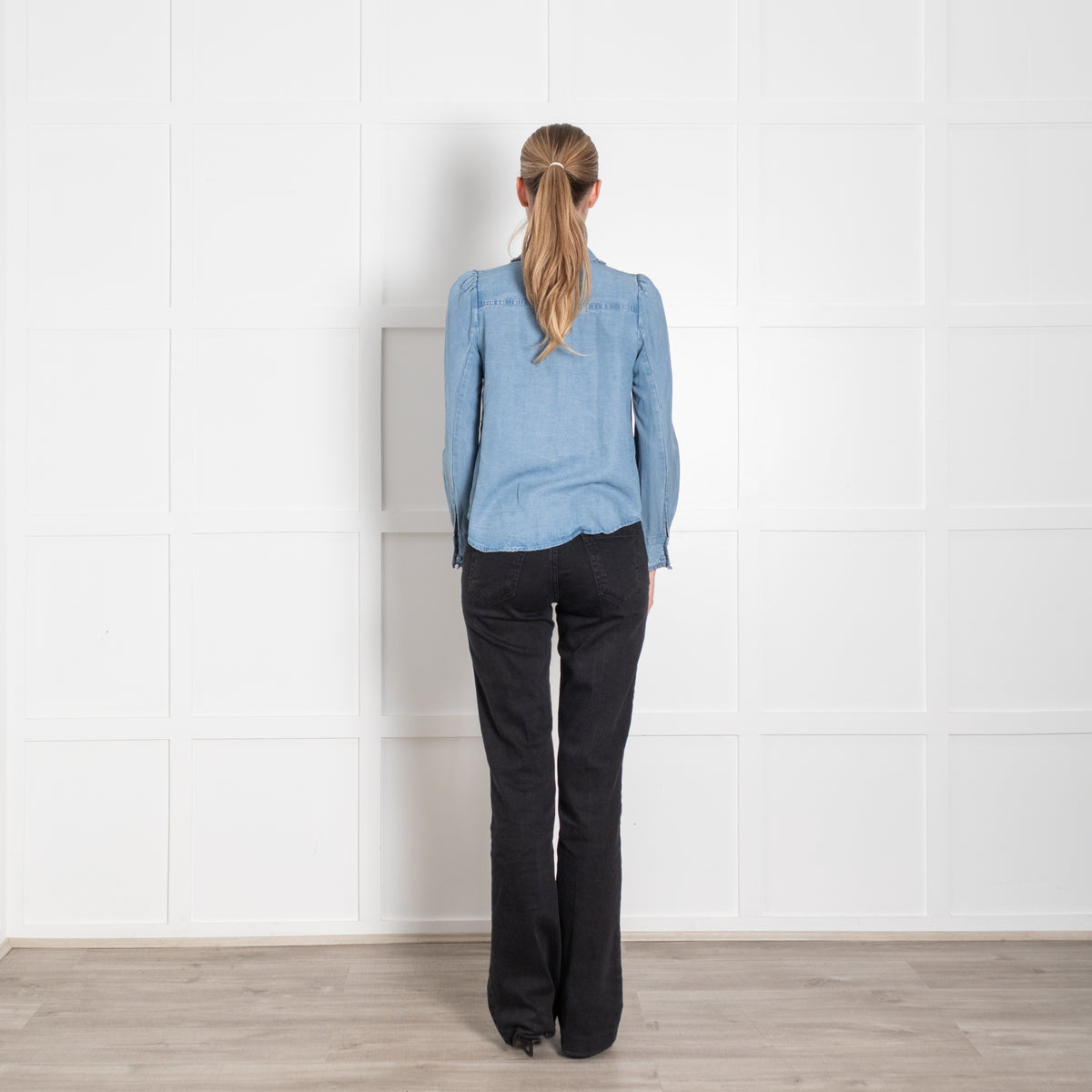 Wyse Blue Denim Frill Trim Long Sleeve Blouse