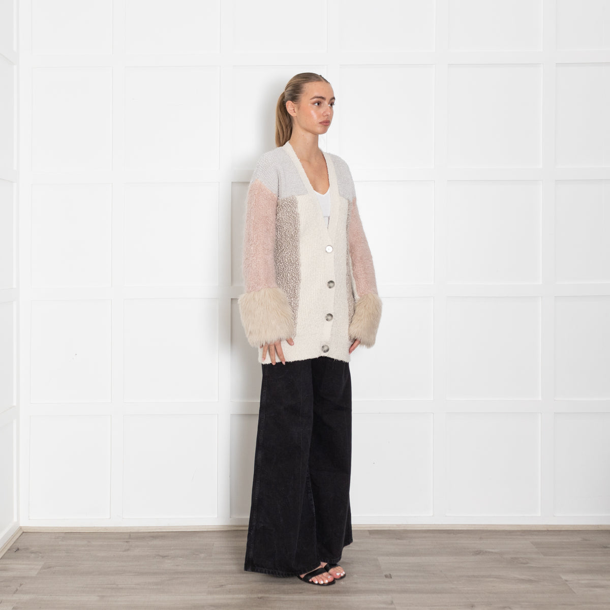 Stella McCartney Grey Pink Cream Textured Long Cardigan With Faux Fur Cuff